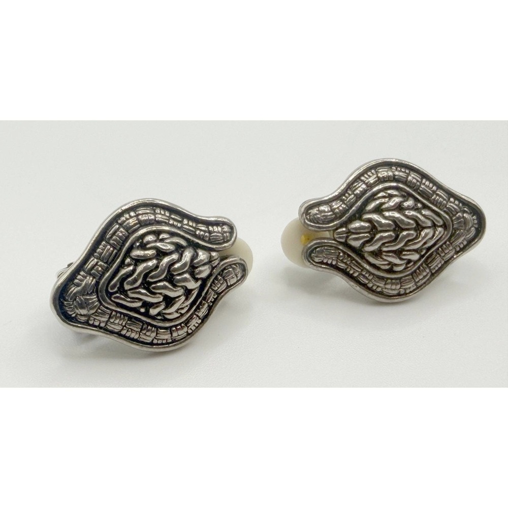 Vintage Silver Tone Clip‎ On Earrings Ornate Shield Design 1"